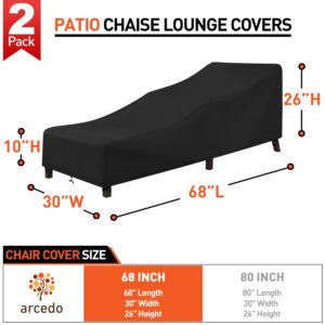 Arcedo Waterproof Outdoor Chaise Lounge Covers, Patio Lounge Chair Covers 2 Pack, Outdoor Patio Furniture Cover for Poolside Beach, All Weather Protection, 68" x 30" x 26" H, Black