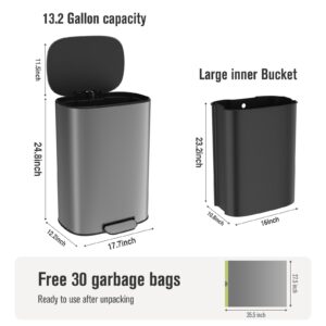 Ufurpie 13 Gallon Trash Can Metal Foot Pedal Stainless Steel Kitchen Trash Can with Lid Quiet Soft Close, Large Garbage Can with 30 Garbage Bags for Office, Living Room, Bathroom, Home & Commercial