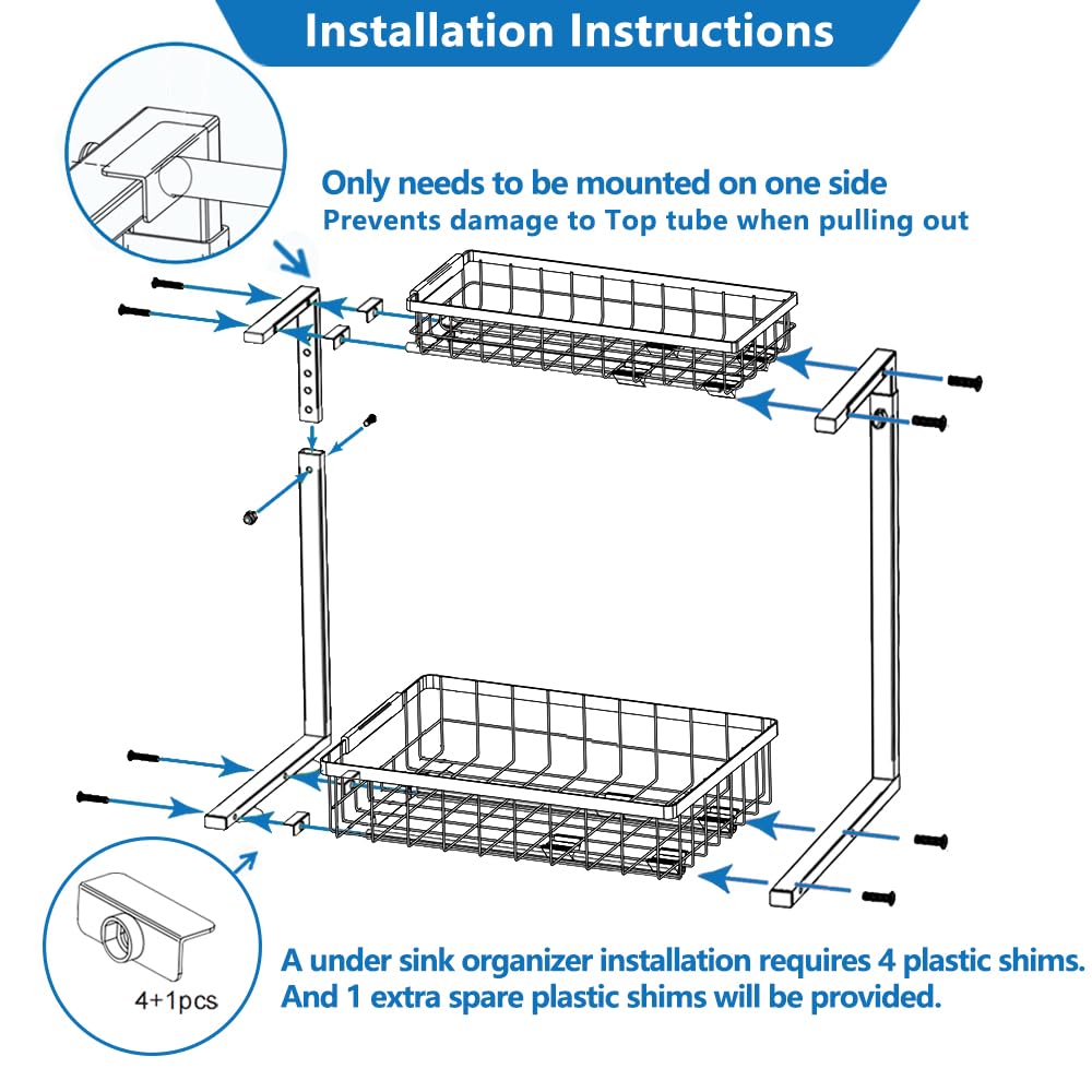 APXPF 2 Pack Under Sink Organizer 2 Tier Under Sink Organizers and Storage Adjustable Kitchen Pull out Cabinet Organizer Metal Sliding Drawer for Bathroom Pantry Cabinet Closet Organization Rack Black