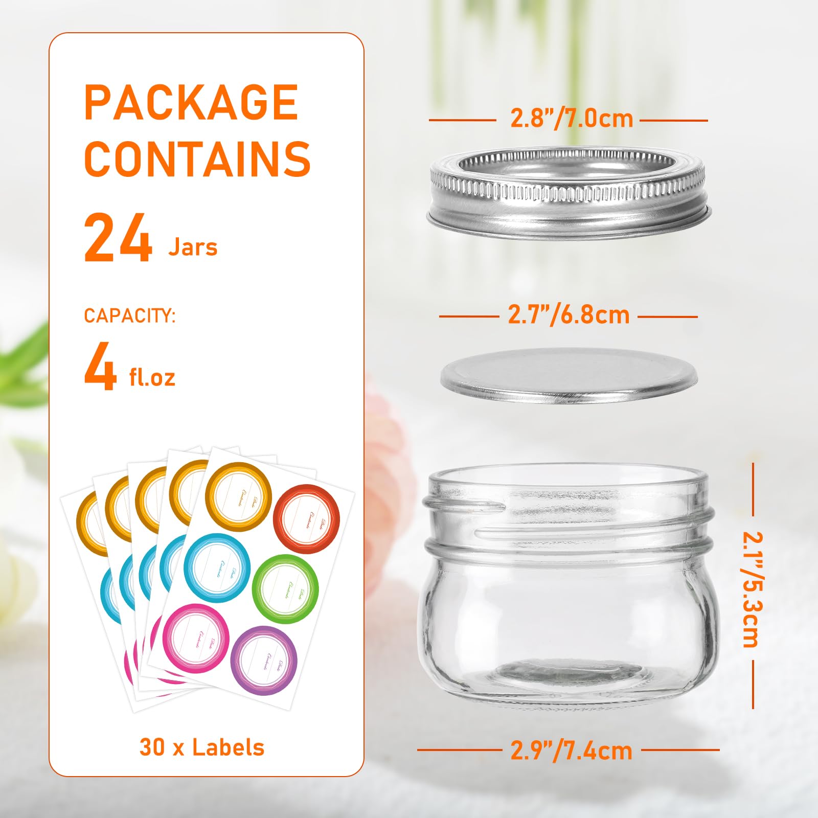 24 Pack 4 oz Mason Jars with Lids, Glass Canning Jars with Regular Mouth Lids, Canning Jars for Jam, Candy and Wedding Favors