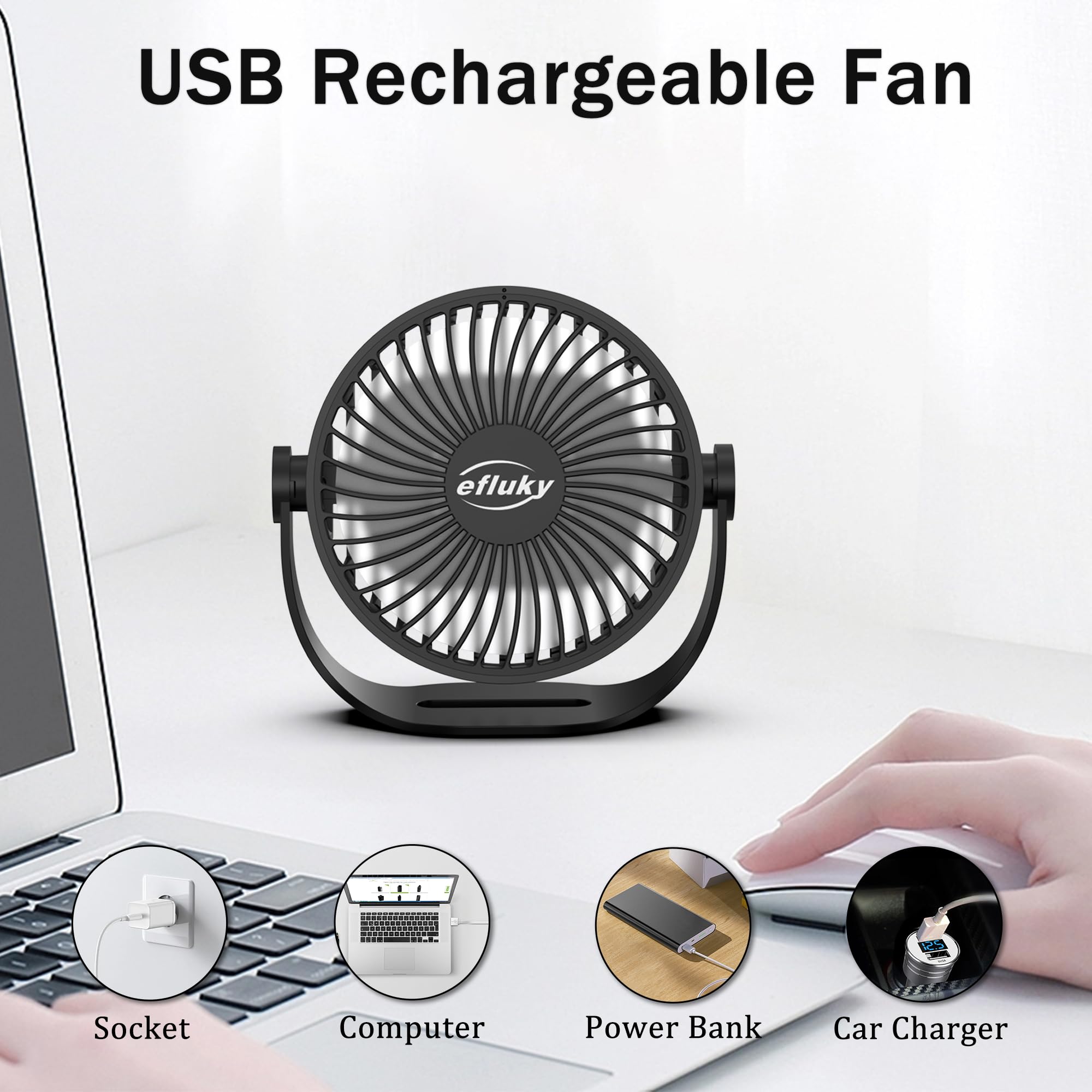 efluky USB Small Desk Fan, 3 Speeds USB Rechargeable Fan Built-in Battery, 360° Adjustment Portable Mini Fan Suitable for Home, Office and Travel, Black