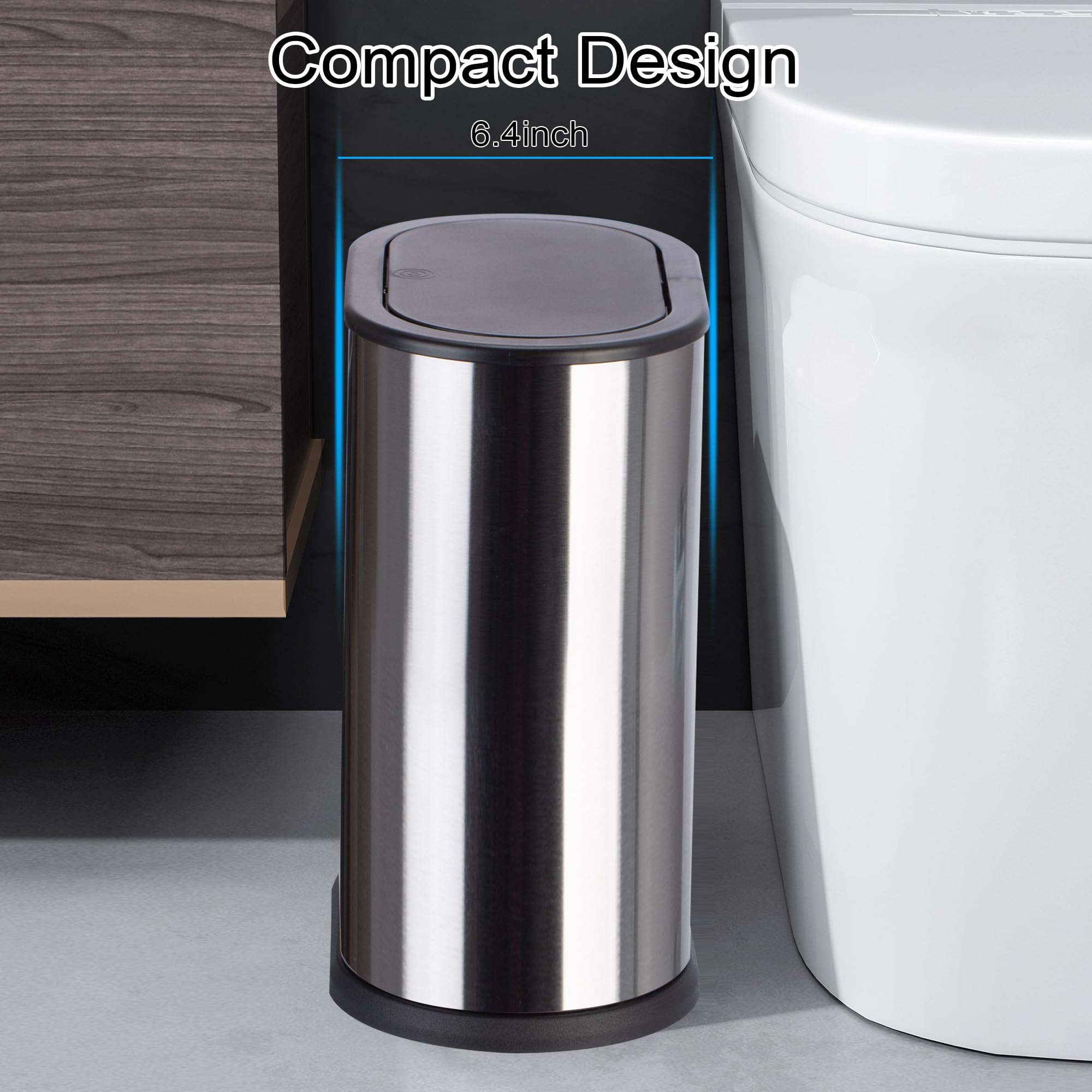 YCTEC Small Bathroom Trash Can with Pop up Lid, 6 Litter/1.6 Gallon Stainless Steel Small Garbage Can, Slim Trash Bins for Bedroom, Toilet, Office