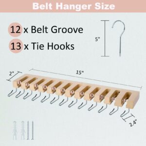 Belt Organizer for Closet, Wooden 2-in-1 Belt Hanger Tie Rack, Wall Mount Belt Holder Tie Hanger Organizer Max 12 Belt & 13 Tie Storage with 360° Swivel Hook