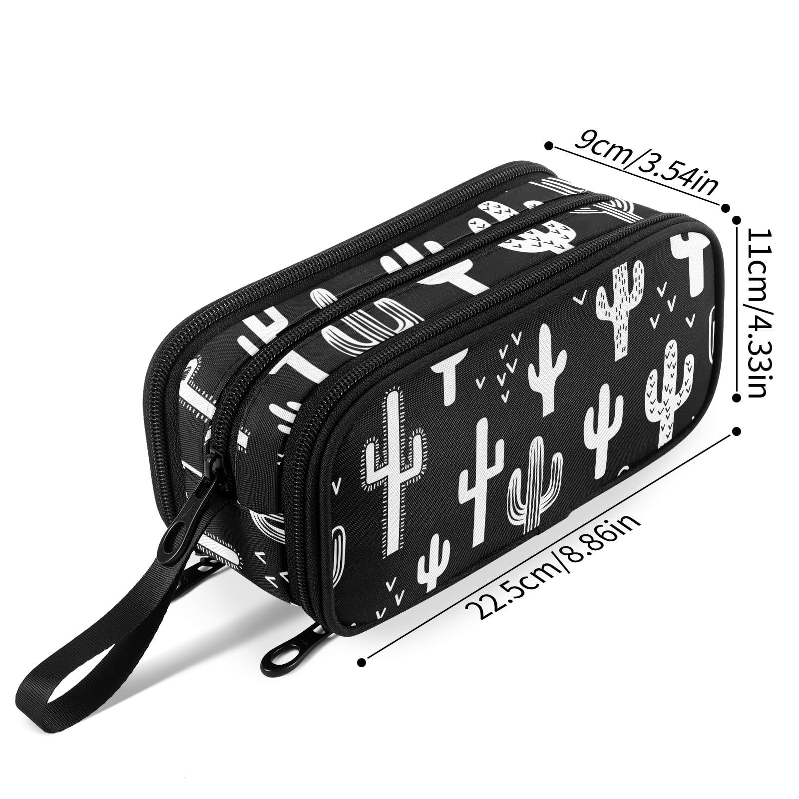 Fustylead Black and White Fun Western Cactus Pencil Pen Case with 3 Compartments, Lightweight & Spacious Stationery Bag Cosmetics Bag