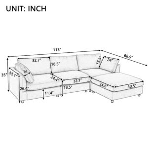 JURMALYN 113" Modern Sectional Sofa Couch for Living Room L-Shape Sofa Couch with Ottoman, Upholstered 4-Seat Sofa Couch Fabric Couch Set for Apartment Office Grey