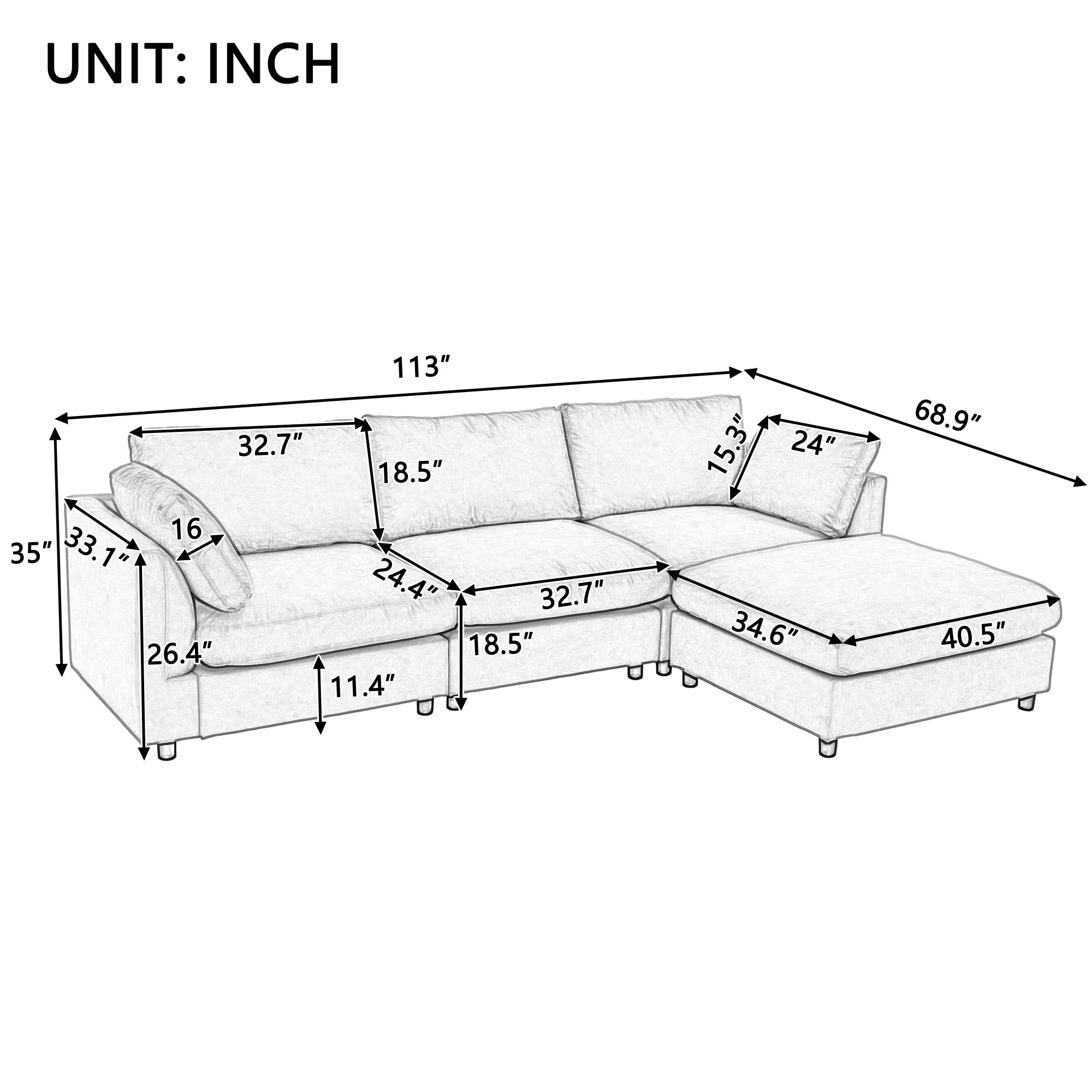 JURMALYN 113" Modern Sectional Sofa Couch for Living Room L-Shape Sofa Couch with Ottoman, Upholstered 4-Seat Sofa Couch Fabric Couch Set for Apartment Office Grey