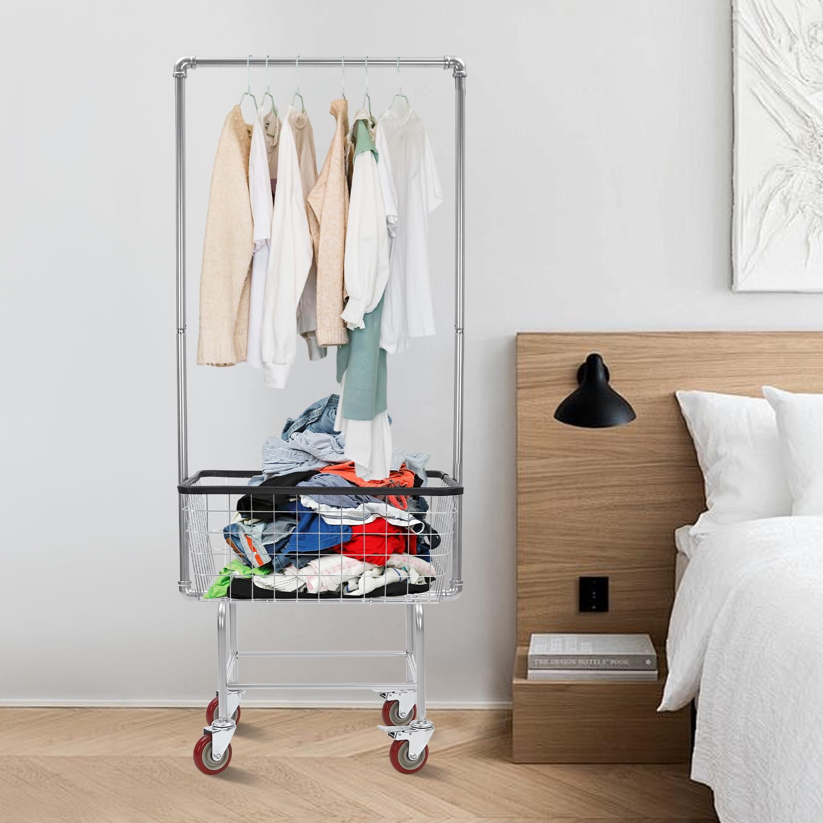 Rolling Laundry Hamper Basket Cart Metal laundry basket with Wheels & Wire Storage Rack and Hanging Rack Wire Basket Cart Commercial Rolling Laundry Butler