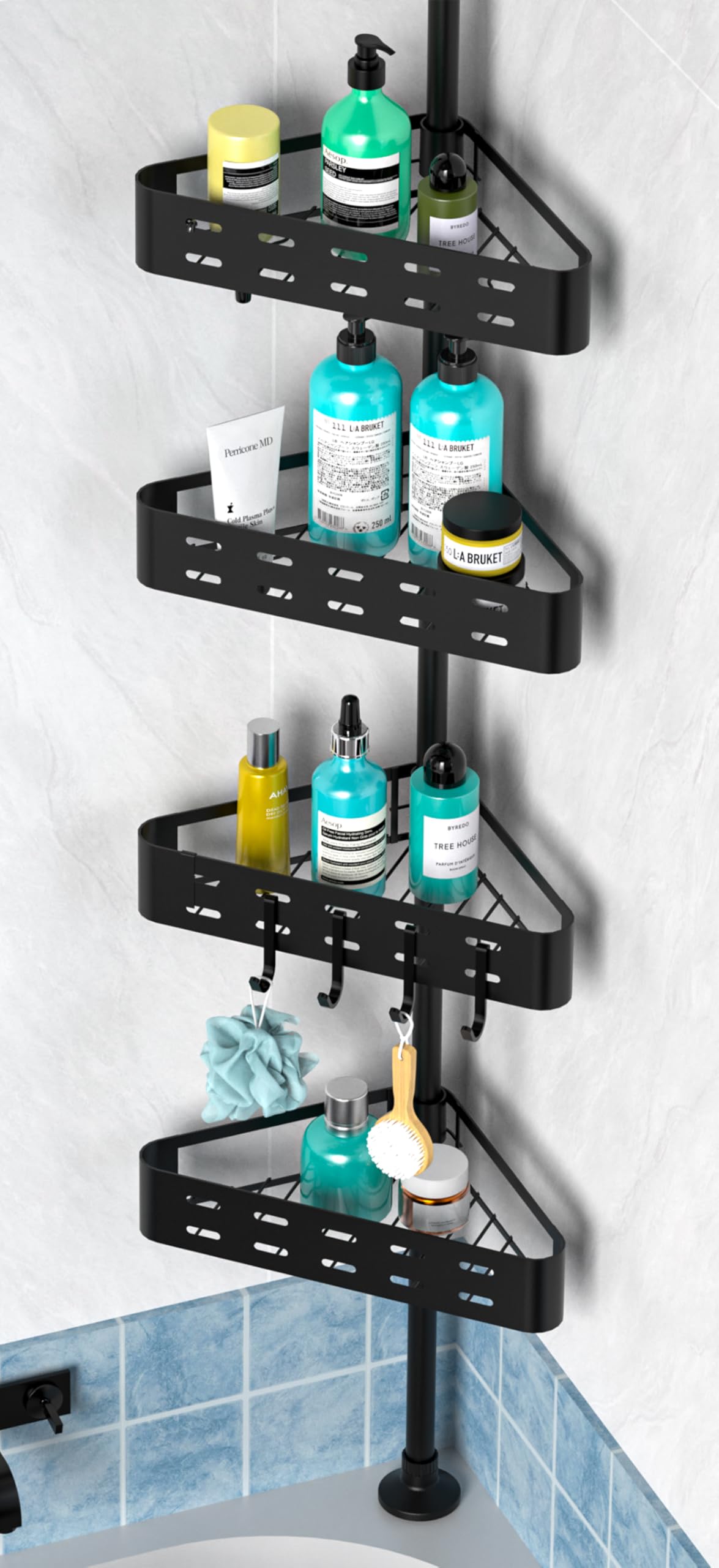 KEGII Shower Caddy Corner Tension Pole - Shower Organizer Rustproof, Black Shower Shelves Free Standing, Inside Shower Rack Shampoo Holder, Shower Storage Adjustable