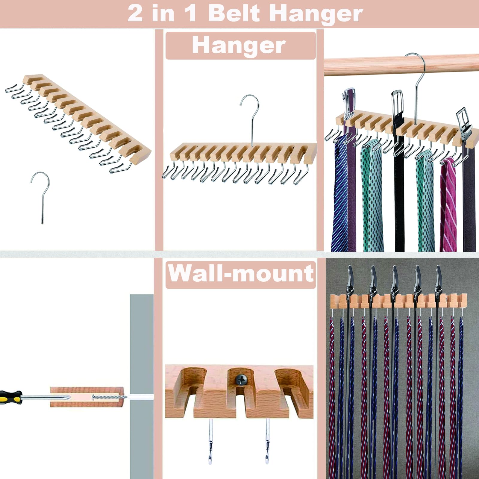 Belt Organizer for Closet, Wooden 2-in-1 Belt Hanger Tie Rack, Wall Mount Belt Holder Tie Hanger Organizer Max 12 Belt & 13 Tie Storage with 360° Swivel Hook