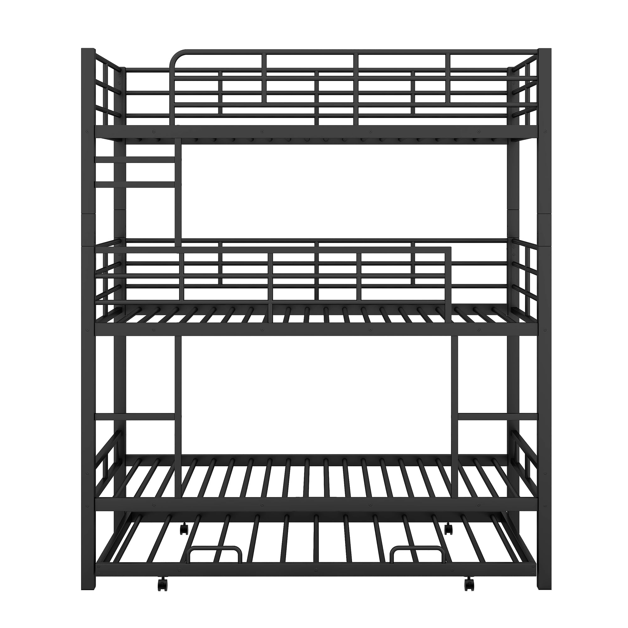 RuiSiSi Triple Twin Metal Bunk Bed with Trundle, 3 Twin Bunk Beds for Kids with Ladder, Can Be Divided Into 2 Beds, Heavy Duty Frame（Black）