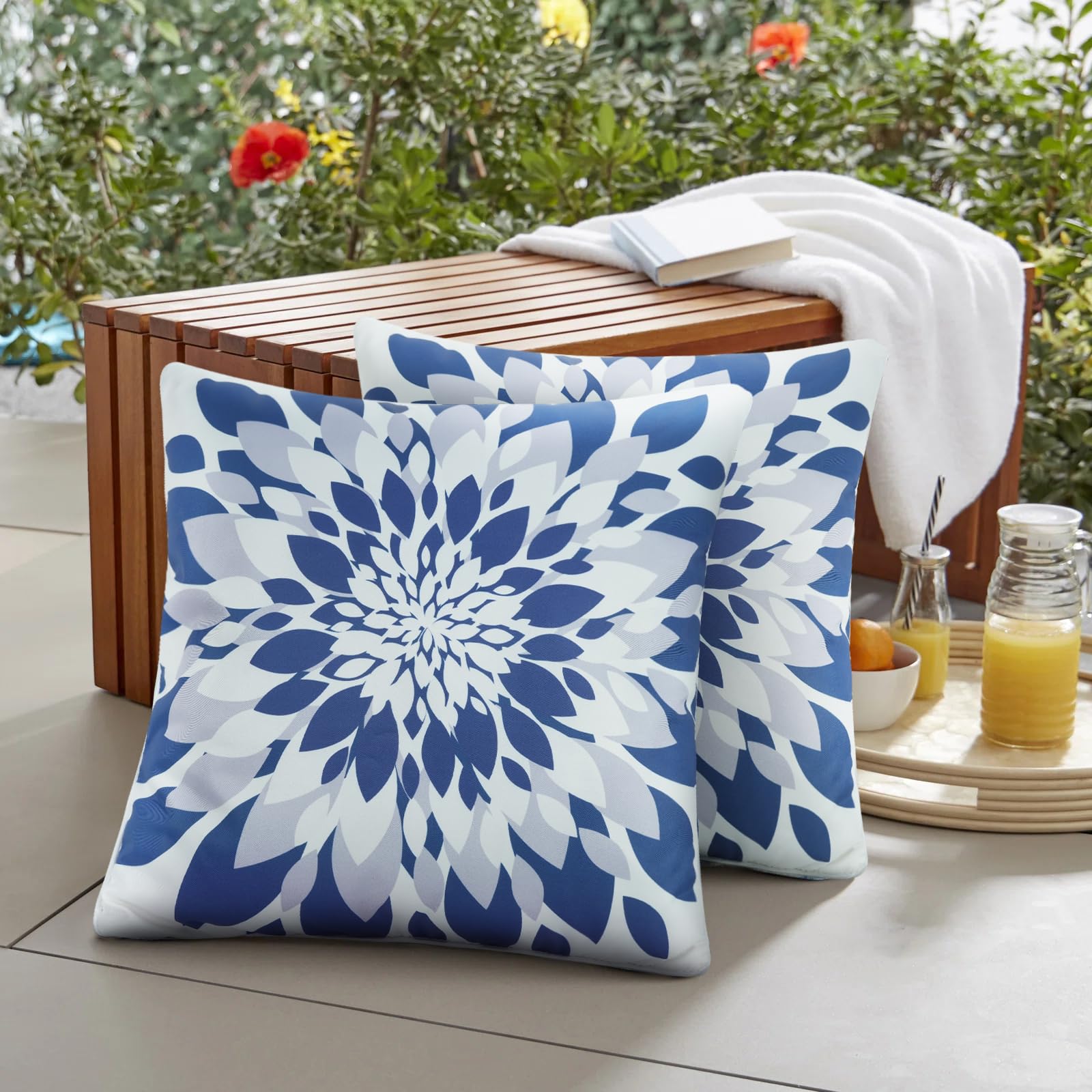 JASEN Outdoor Waterproof Pillow Covers, Blue Floral Pillow Covers, Set of 2 18x18, Double-Sided Decorative Outside Throw Pillows for Patio Furniture Couch Sunbrella Porch Garden