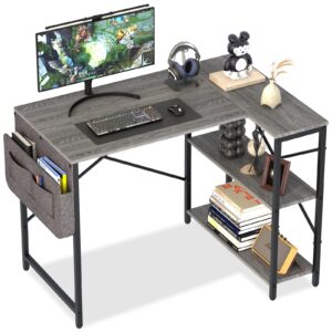 Wolawu Computer Desk L Shaped Home Office Desk,40 Inch Gaming Desk with Storage Shelves and Bag, Modern Simple Bedroom Table Corner Desk for Study Writing Work,Grey