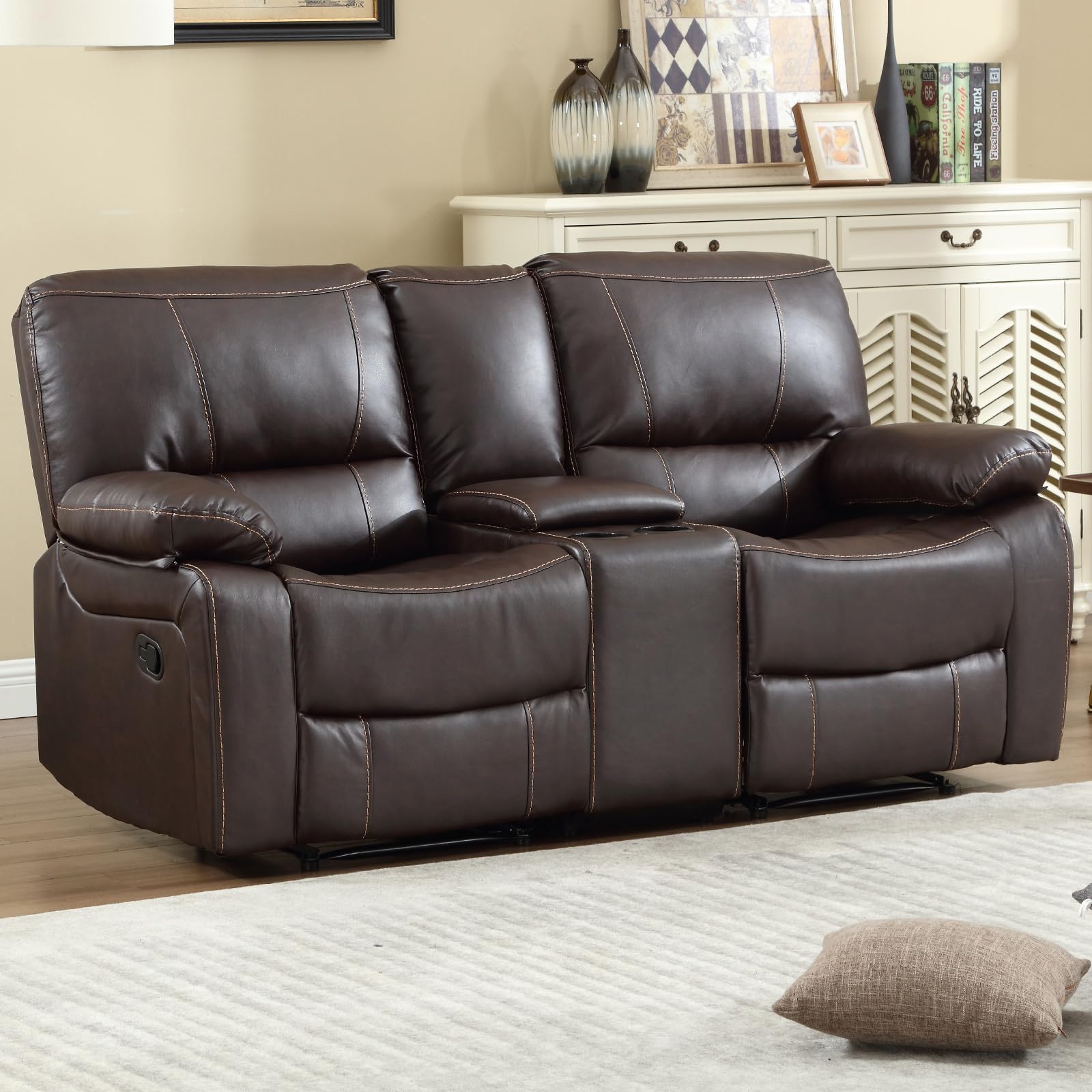 EBELLO Faux Leather Manual Loveseat Recliner, Reclining Couch Sofa with 2 Cup Holders, Hidden Storage, Overstuffed Comfortable Armrest Double Recliner Set for Living Room, Brown (Loveseat)