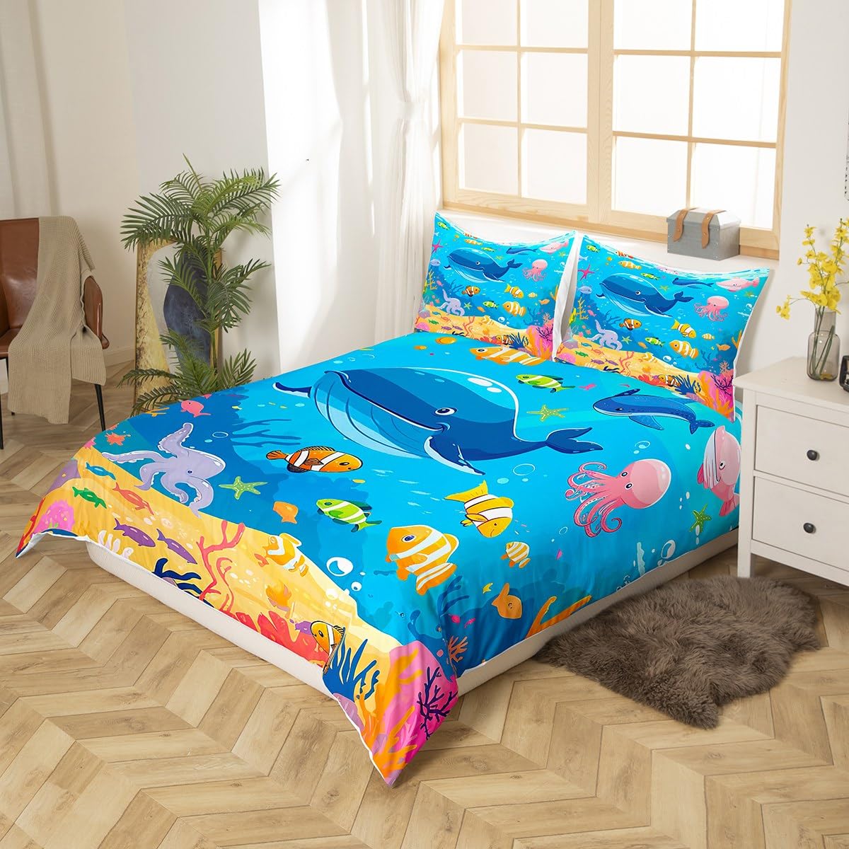 Feelyou Cartoon Cute Marine Animals Bedding Set Twin Size Kids Fish Dolphin Octopus Comforter Cover Set for Boys Girls Teens Underwater World Duvet Cover Summer Ocean Bedspread Cover Room Decor