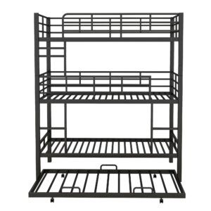 RuiSiSi Triple Twin Metal Bunk Bed with Trundle, 3 Twin Bunk Beds for Kids with Ladder, Can Be Divided Into 2 Beds, Heavy Duty Frame（Black）