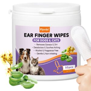 pjordo dog ear cleaner finger wipes, ear finger wipes for dogs & cats, gently remove ear wax, debris, sooths & deodorizes, relieve ear itching, pet ear wipes with aloe vera & witch hazel - 50 count