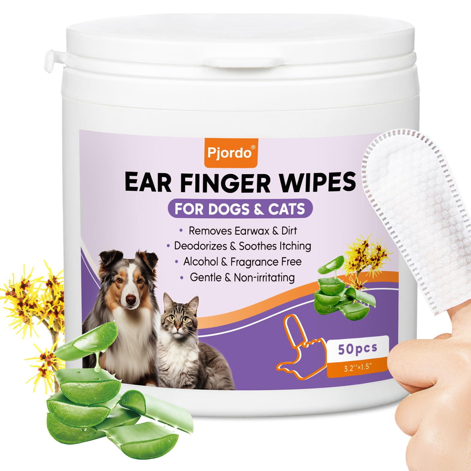 Pjordo Dog Ear Cleaner Finger Wipes, Ear Finger Wipes for Dogs & Cats, Gently Remove Ear Wax, Debris, Sooths & Deodorizes, Relieve Ear Itching, Pet Ear Wipes with Aloe Vera & Witch Hazel - 50 Count