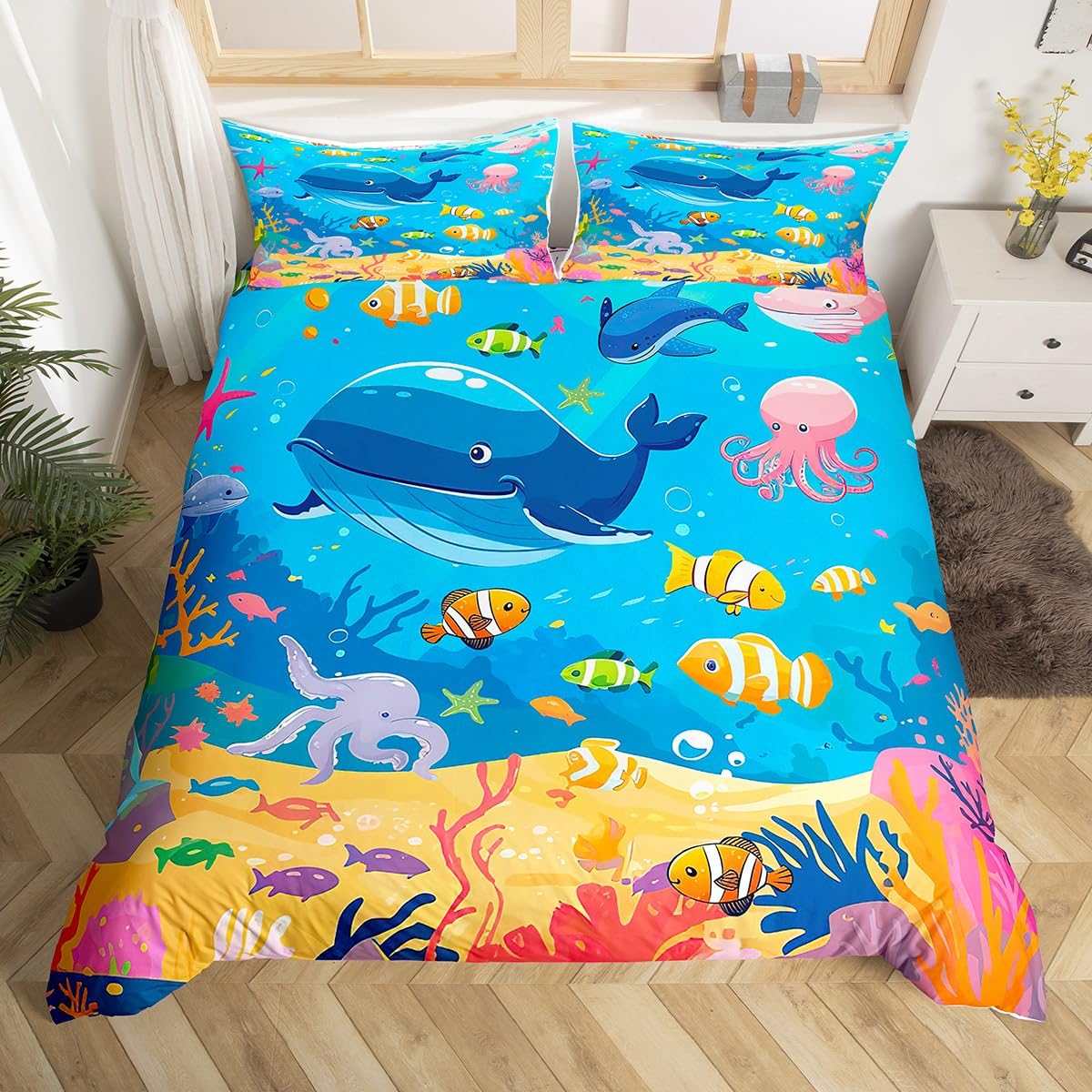 Feelyou Cartoon Cute Marine Animals Bedding Set Twin Size Kids Fish Dolphin Octopus Comforter Cover Set for Boys Girls Teens Underwater World Duvet Cover Summer Ocean Bedspread Cover Room Decor