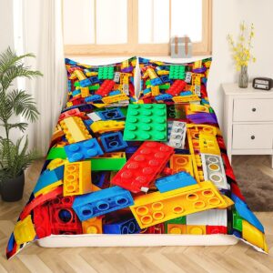 erosebridal building blocks duvet cover full, colorful bedding set for boys girls, 3d rainbow construction brick comforter cover funny geometric rectangle quilt cover