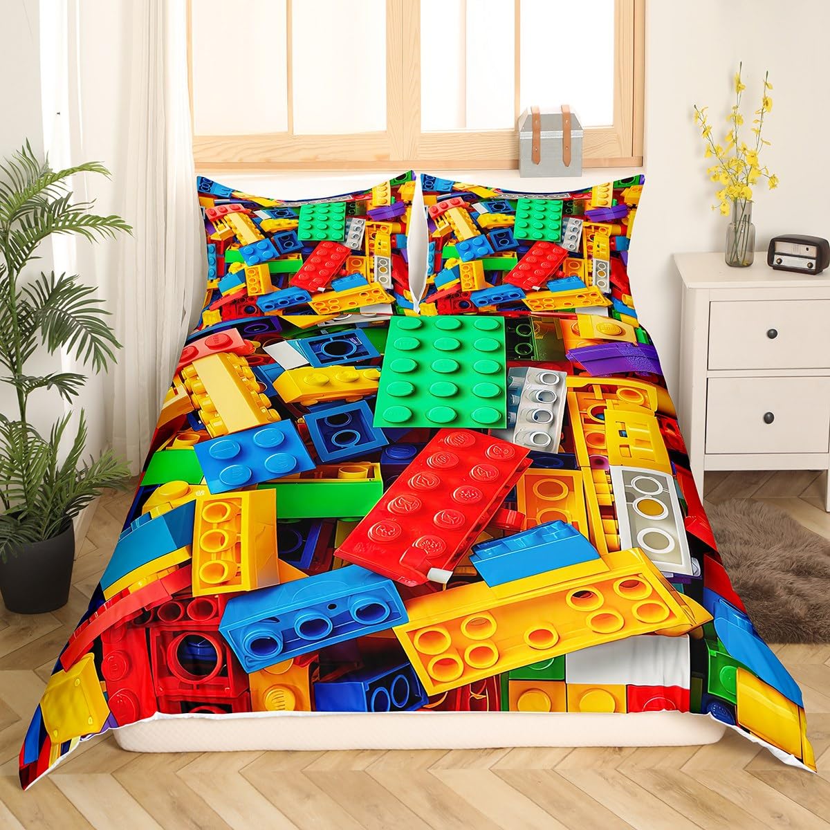 Erosebridal Building Blocks Duvet Cover Full, Colorful Bedding Set for Boys Girls, 3D Rainbow Construction Brick Comforter Cover Funny Geometric Rectangle Quilt Cover