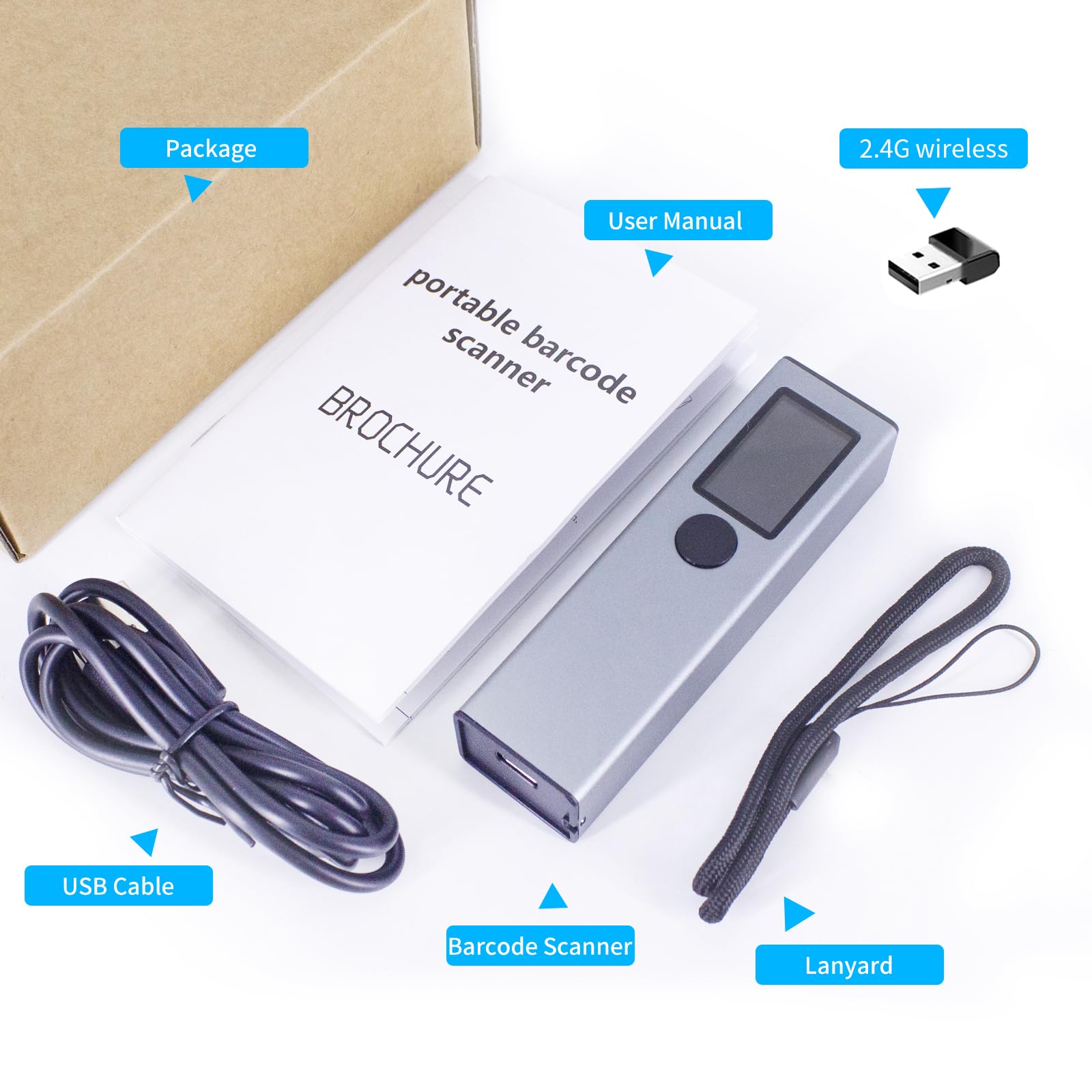 2D 1D QR Barcode Scanner with TFT Screen 3 in 1 BT & 2.4GHz Wireless & Wired Connection Sound and Vibrator Prompt Support Offline Storage Compatible with Windows Android Linux for Supermarket