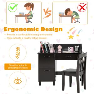 HONEY JOY Kids Desk and Chair Set, Wooden Children School Study Table and Chair w/Drawer, Storage Shelf & Cabinets, Student Computer Workstation Writing Desk for Bedroom, 3-8 Years Old (Dark Brown)