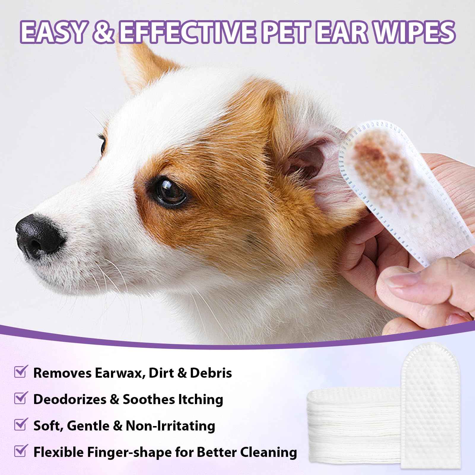 Pjordo Dog Ear Cleaner Finger Wipes, Ear Finger Wipes for Dogs & Cats, Gently Remove Ear Wax, Debris, Sooths & Deodorizes, Relieve Ear Itching, Pet Ear Wipes with Aloe Vera & Witch Hazel - 50 Count