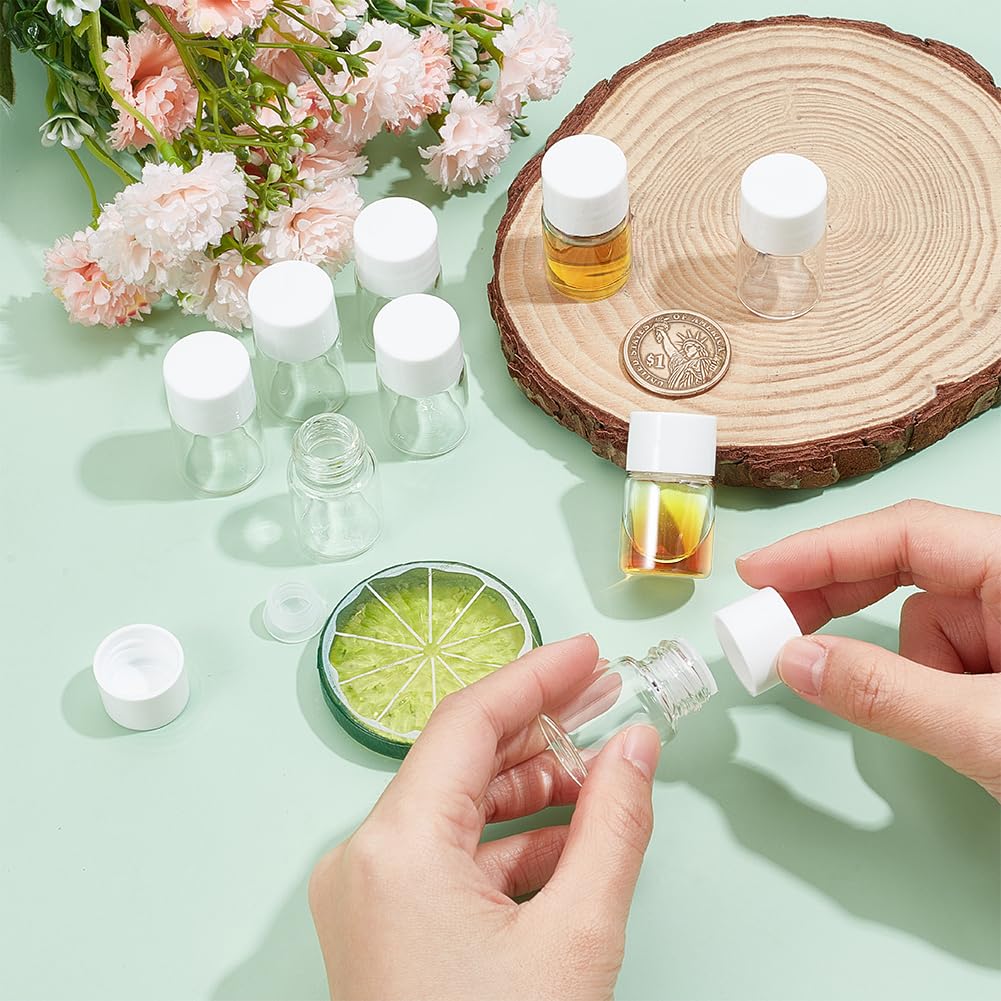 BENECREAT 60Pcs 5ml/0.17oz Clear Glass Vials Small Liquid Sample Vial with White Plastic Screw Caps Portable Bottles Vials for Essential Oil Preservation Sample Capture Storage/Aromatherapy