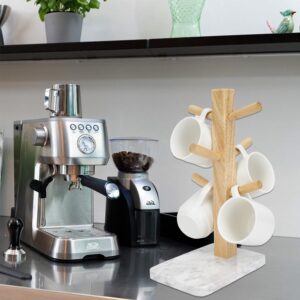 WORHE Marble Mug Holder Thicker Base Coffee Cup Holder with 6 Hooks Stand for Countertop, Mug Stand Hanger for Coffee Bar Accessories and Decor Coffee Organizer Station White (WH032)