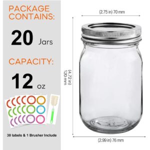 Mcupper 20 Pack 12 oz Mason Jars with Lids and Bands, Regular Mouth Glass Canning Jars with Labels and Brusher for Storage, Canning & Preserving, Dishwasher & Microwave Safe