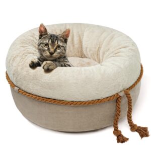 寵幸 cat beds for indoor cats - donut washable small pet bed, 22 inches anti-slip round fluffy plush large cat bed, warm and thicked dog bed, light brown