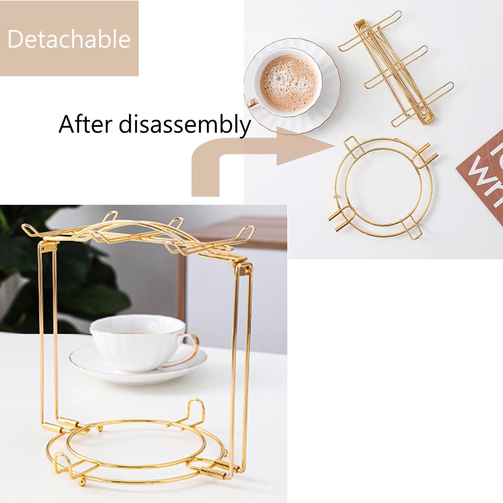 SJORHNUS Tea Cups Holder,Gold Metal Coffee Cup Tea Cups Rack,Foldable Organizer for Coffee Cup Spoon and Saucers