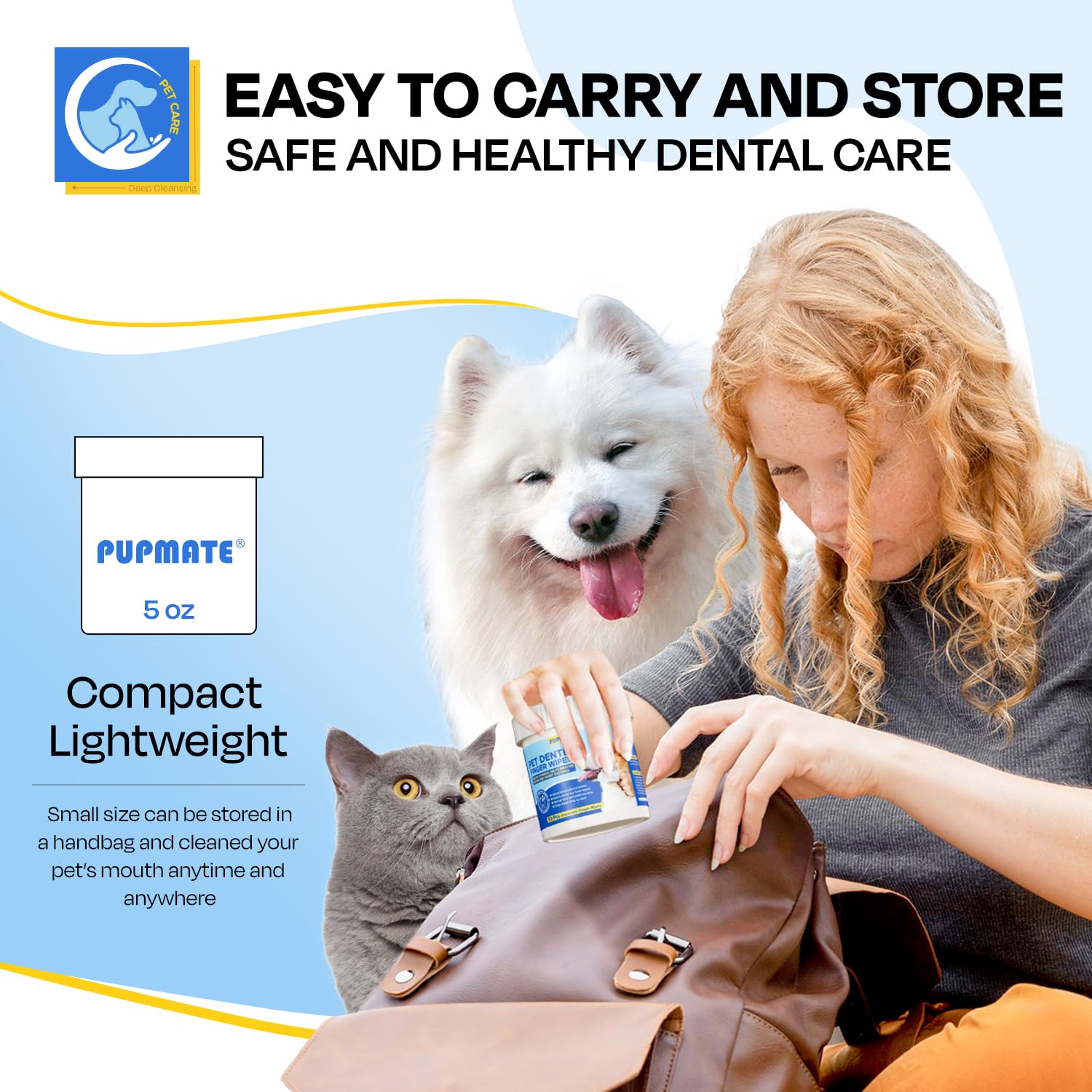 PUPMATE Dental Care Wipes for Dog & Cat- Teeth Cleaning Finger Wipes for Plaque and Tartar Removal, Safe & Gentle Disposable Toothbrush Wipes for Fresh Breath & Gum Care - 50 Pcs