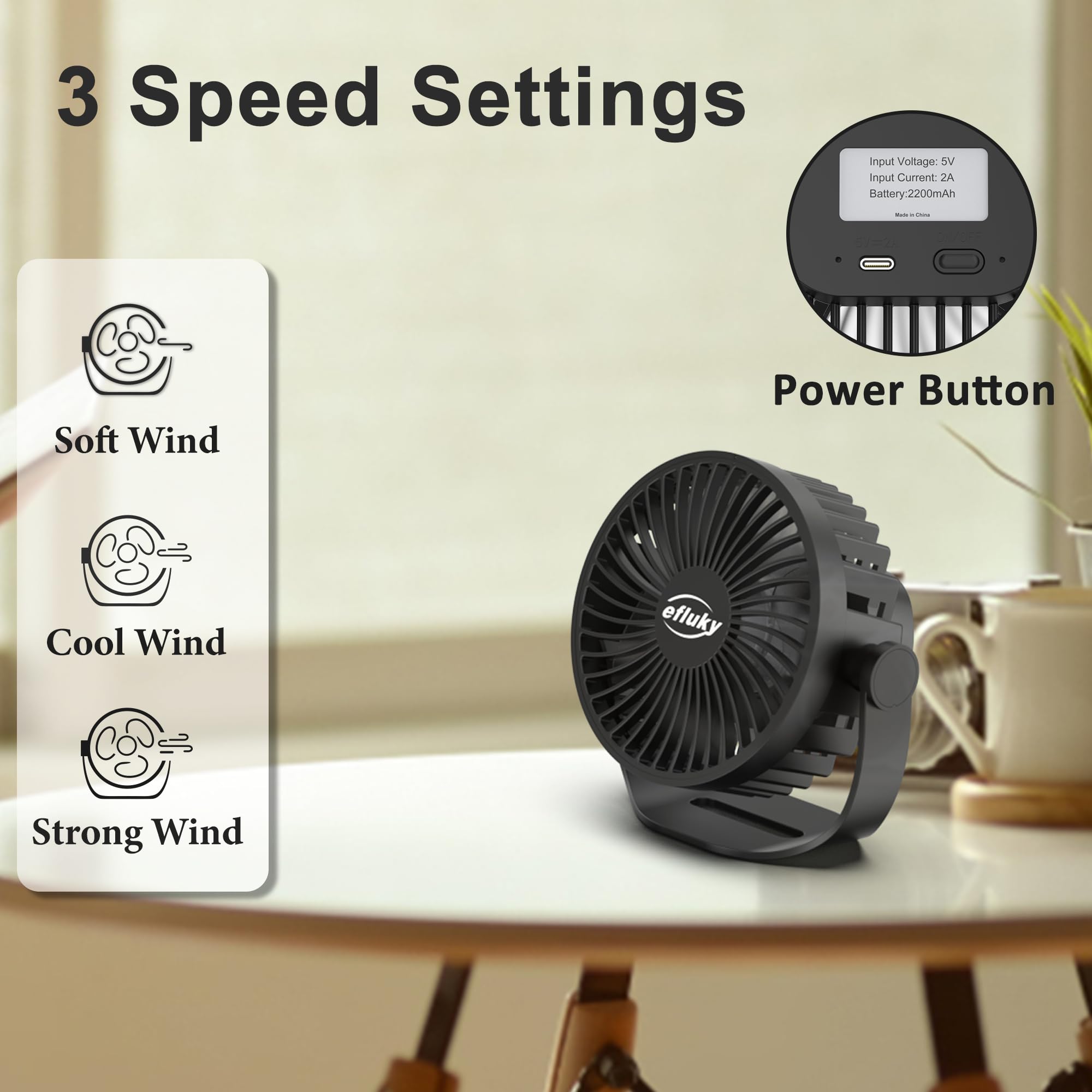 efluky USB Small Desk Fan, 3 Speeds USB Rechargeable Fan Built-in Battery, 360° Adjustment Portable Mini Fan Suitable for Home, Office and Travel, Black