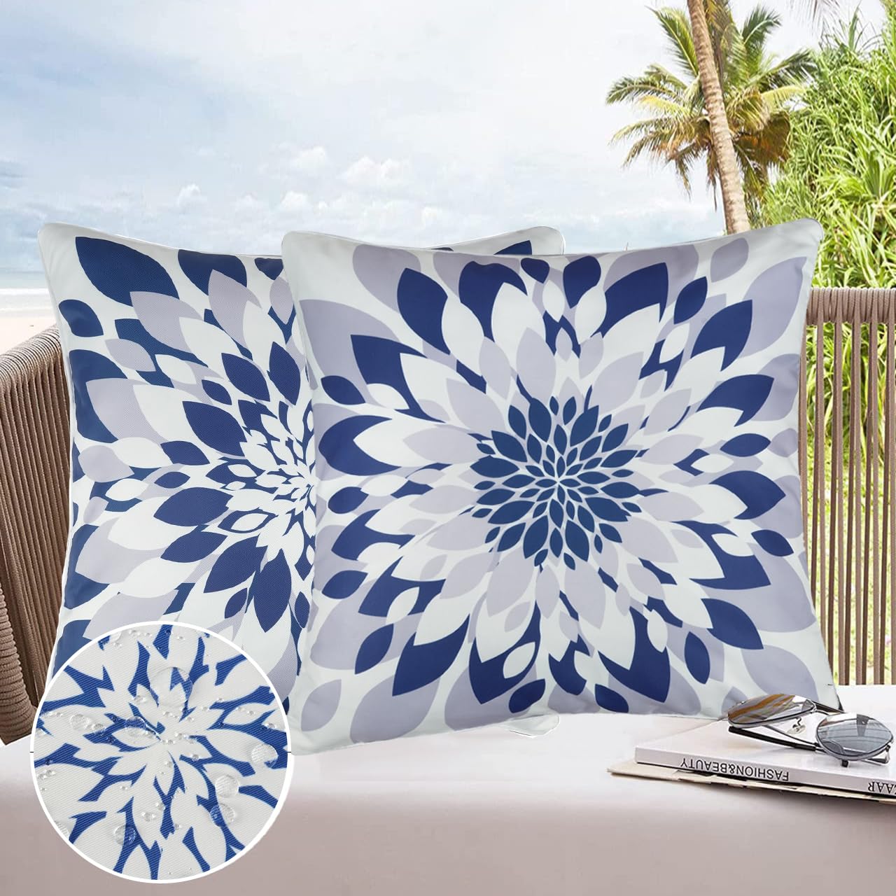 JASEN Outdoor Waterproof Pillow Covers, Blue Floral Pillow Covers, Set of 2 18x18, Double-Sided Decorative Outside Throw Pillows for Patio Furniture Couch Sunbrella Porch Garden