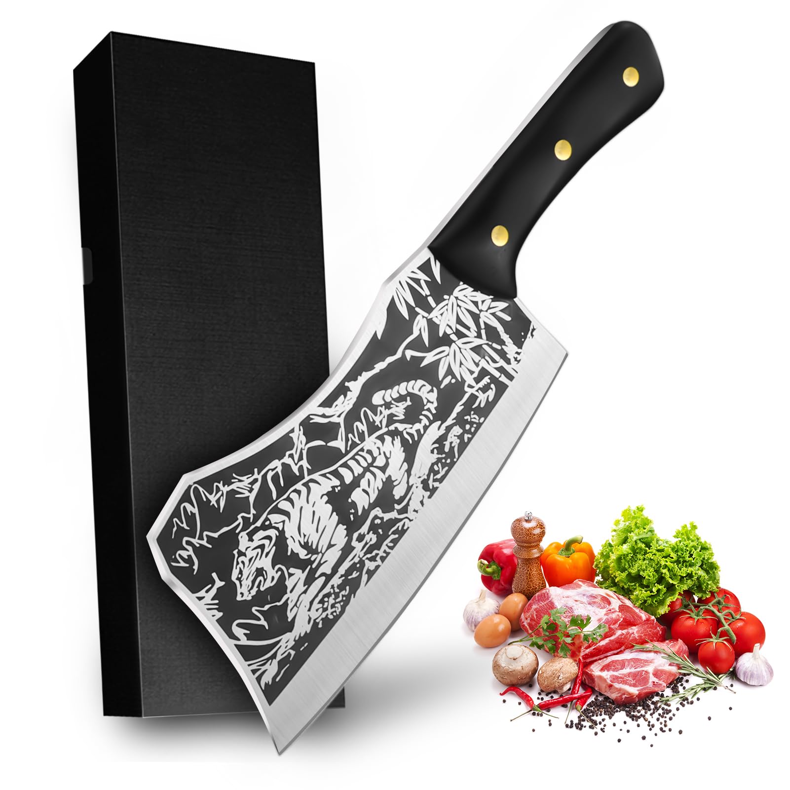 Ogival Meat Cleaver, Meat Chopper with Tiger Pattern, Bone Chopper High Carbon Stainless Steel Butcher Knife with Full Tang Handle, for Kitchen and Restaurant