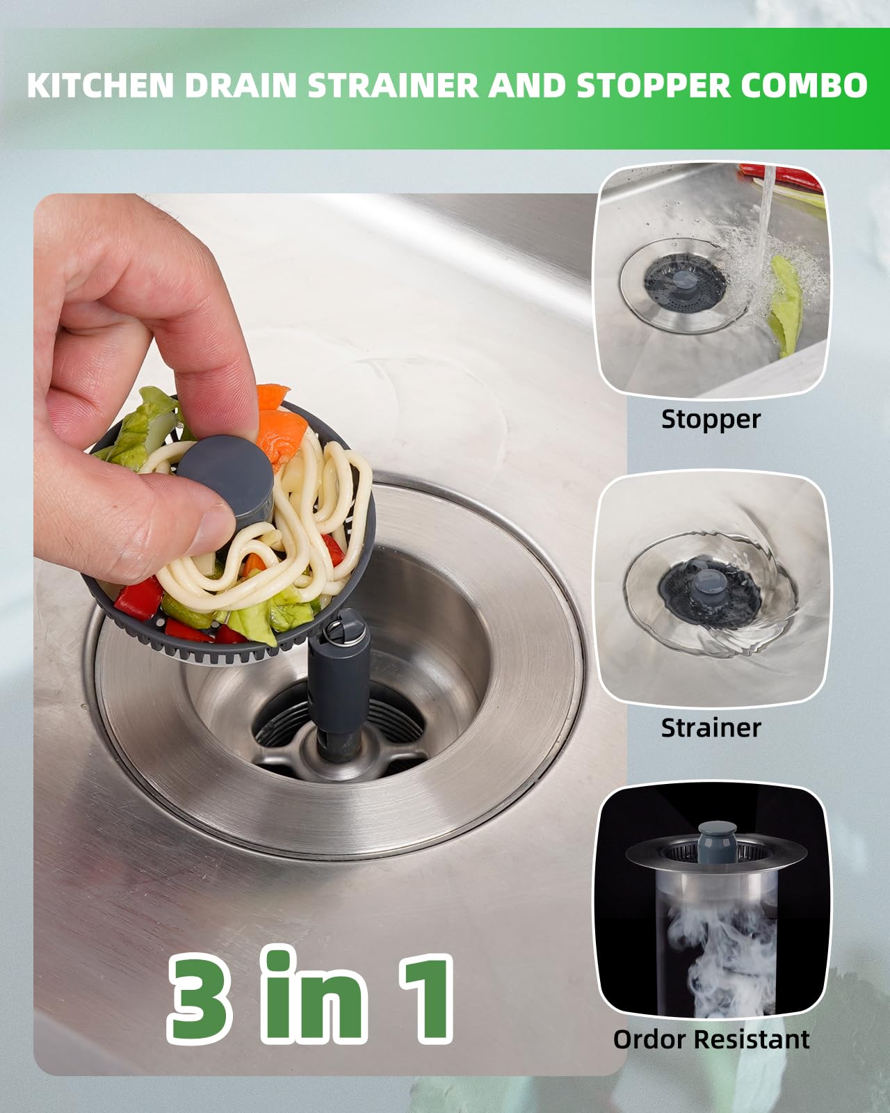 Hibbent Universal 3 in 1 Metal Kitchen Sink Drain Strainer, Upgraded Stainless Steel Drain Stopper Combo, Pop Up Sink Stopper, Anti-Clogging Basket Strainer with Handle for US Standard 3-1/2" Drain