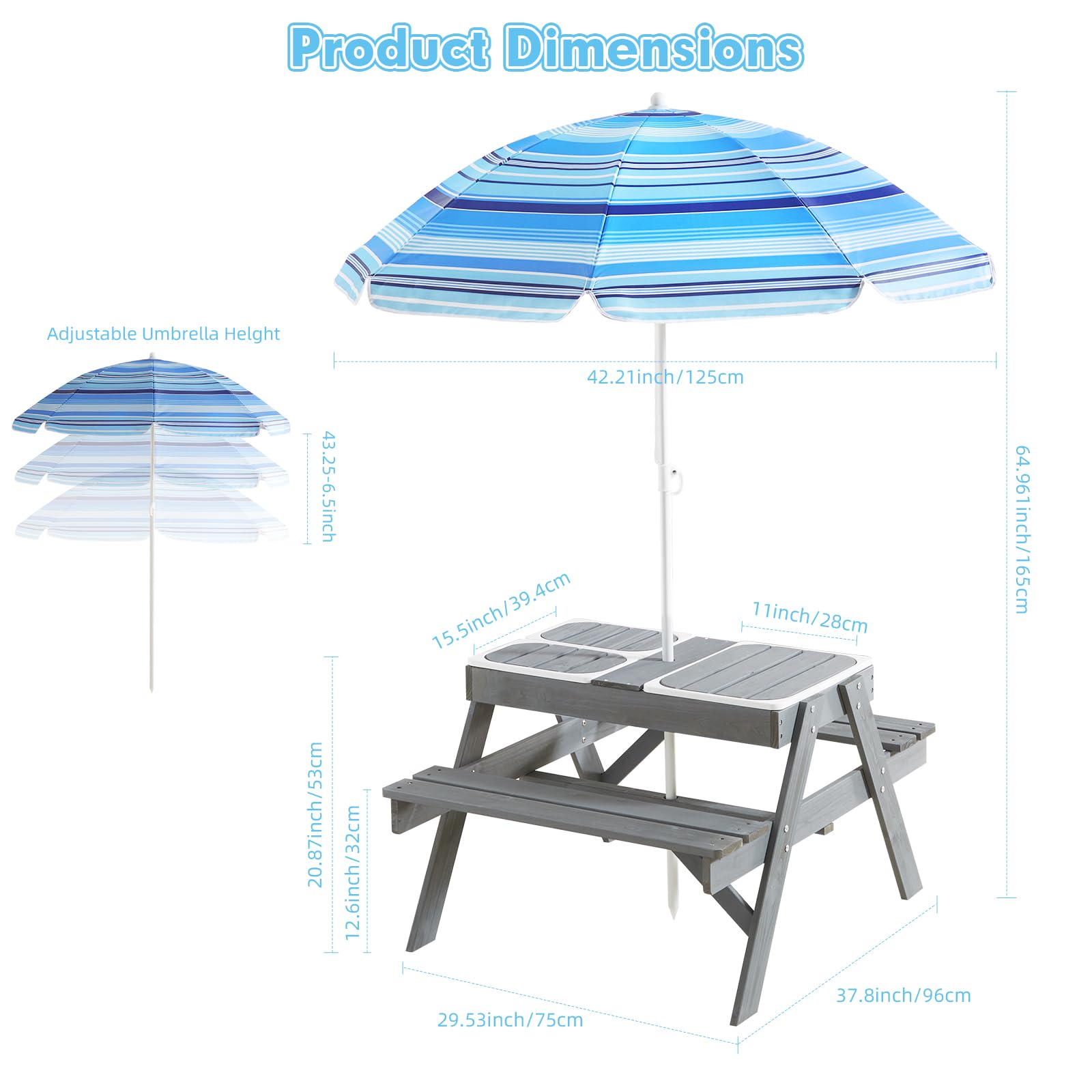 Beright 3-in-1 Kids Picnic Table, Play Sand and Water Sensory Table with Height Adjustable Umbrella & Removable Tabletop, Kids Wooden Outdoor Table, with 3 Storage Bins, Upgraded