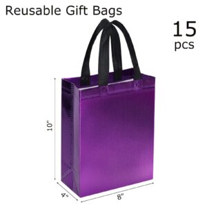 JOHOUSE 15PCS Gift Bags with Handles, Purple Non-woven Bags with Glossy Finish Reusable Gift Bags 8x4x10 Inch for Kids Birthday Wedding Party Favors