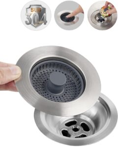 hibbent universal 3 in 1 metal kitchen sink drain strainer, upgraded stainless steel drain stopper combo, pop up sink stopper, anti-clogging basket strainer with handle for us standard 3-1/2" drain