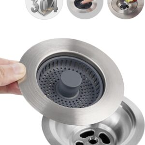 Hibbent Universal 3 in 1 Metal Kitchen Sink Drain Strainer, Upgraded Stainless Steel Drain Stopper Combo, Pop Up Sink Stopper, Anti-Clogging Basket Strainer with Handle for US Standard 3-1/2" Drain