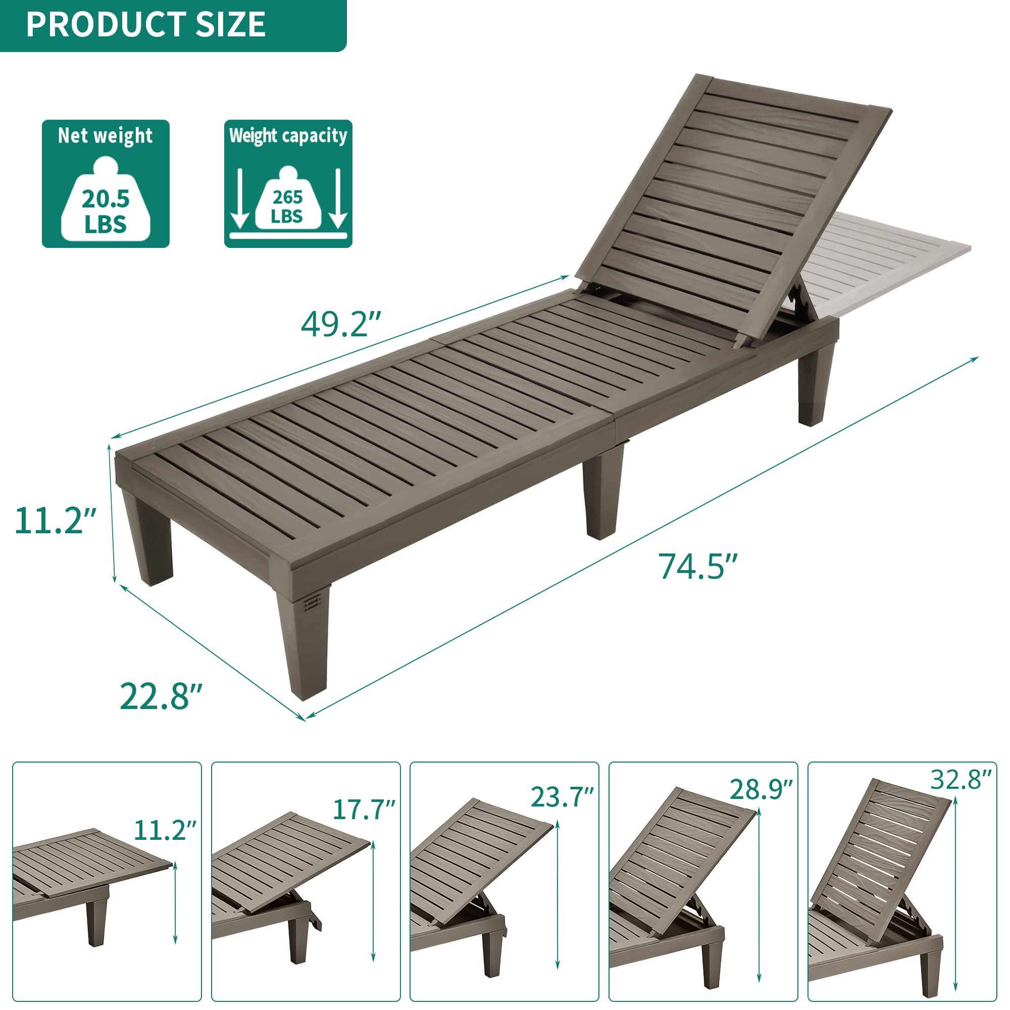 YITAHOME Patio Lounge Chair Set of 2, Outdoor Chaise Lounge with 5-Position Backrest, 265lbs Weight Capacity for Backyard, Poolside, Waterproof & Easy Assembly(Taupe)