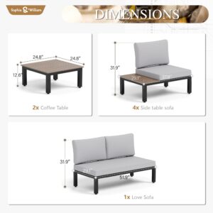 Sophia & William 7 Pieces Outdoor Patio Furniture Set, Metal Sectional Sofa Set Patio Conversation Set with Cushions-4 x Single Sofa with Side Table, 1 x Loveseat Sofa, 2 x Tea Table