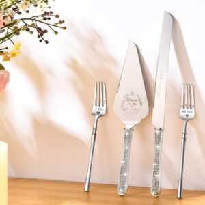 ROXBURGH Cake Cutting Set for Wedding, Wedding Cake Knife and Server set, Forks and Cutter Pie Spatula Rhinestones Studded Handle Birthday Anniversary Christmas of 4 (Silver)