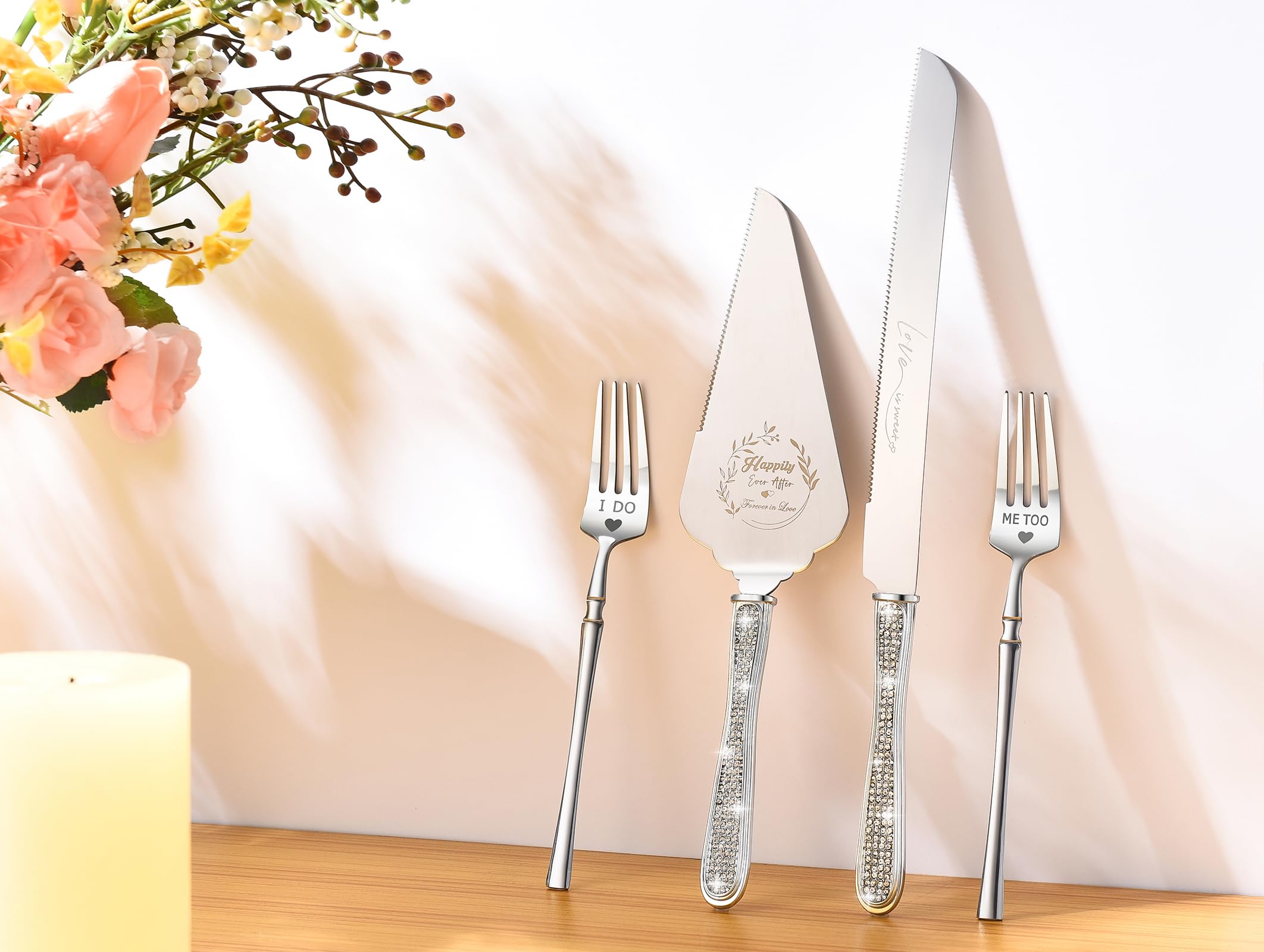 ROXBURGH Cake Cutting Set for Wedding, Wedding Cake Knife and Server set, Forks and Cutter Pie Spatula Rhinestones Studded Handle Birthday Anniversary Christmas of 4 (Silver)