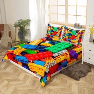 Erosebridal Building Blocks Duvet Cover Full, Colorful Bedding Set for Boys Girls, 3D Rainbow Construction Brick Comforter Cover Funny Geometric Rectangle Quilt Cover