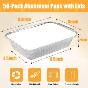 IJRPLM 50 Pack Foil Pans with Lids,2.25 LB Aluminum Pans with Lids,Foil Food Containers,Disposable Takeout Pans For Catering Baking Takeout-50 Pans and 50 Cardboard Covers(8.5"×6")