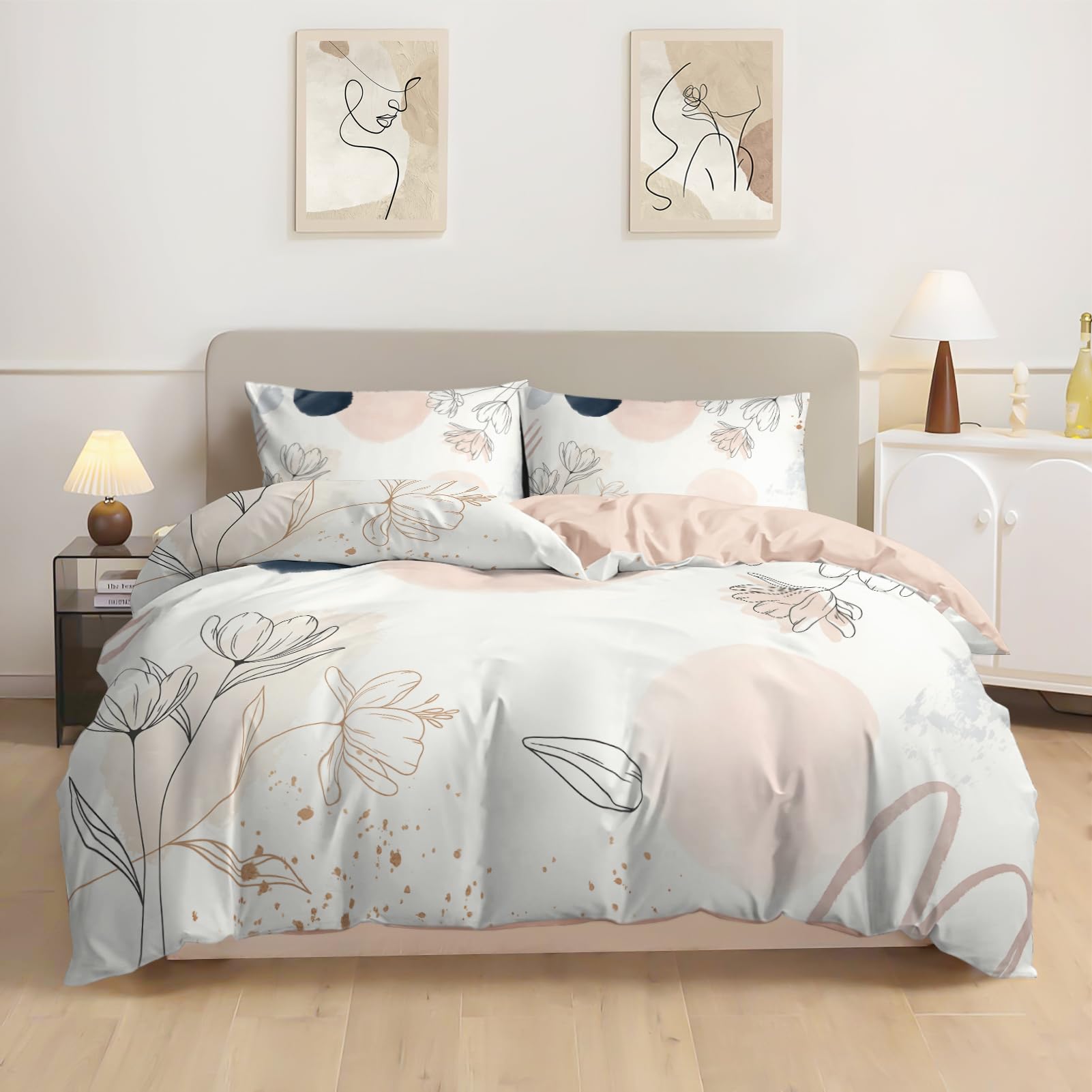 Rvciby Flower Duvet Cover Queen Size,Cotton with Polyester Duvet Cover Set Flower,3PCS Soft Microfiber Bedding Set with Corner Ties & Zipper Closure,1 Duvet Cover and 2 Pillow Shams