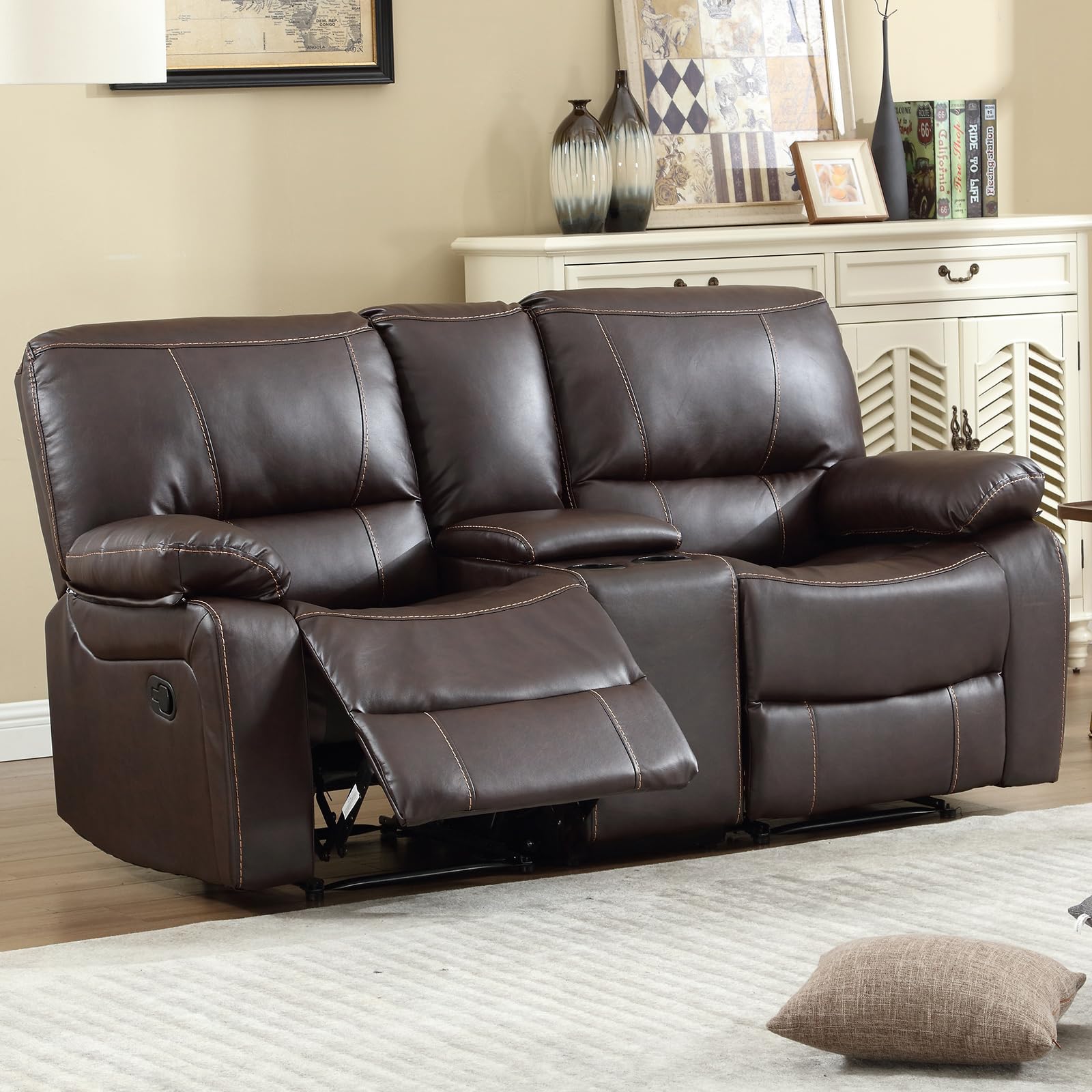 EBELLO Faux Leather Manual Loveseat Recliner, Reclining Couch Sofa with 2 Cup Holders, Hidden Storage, Overstuffed Comfortable Armrest Double Recliner Set for Living Room, Brown (Loveseat)