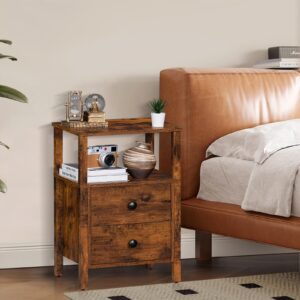 Lerliuo Night Stand Set of 2, Small Nightstand with 2 Wood Drawers and Storage Shelf, Rustic Bedside Table with Wooden Frame, Brown Couch Bed Side Tables for Small Spaces, Nightstands for Bedroom